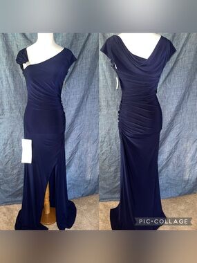Elegant Navy One-Shoulder Ruched Maxi Dress with Cowl Back